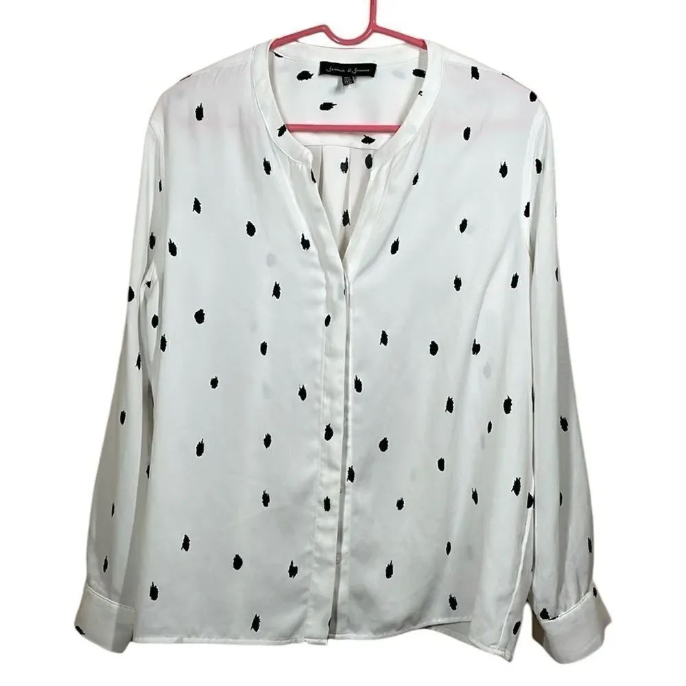 Jasmine & Juliana Polka Dot Chiffon Long Sleeve Button Down White with Black L